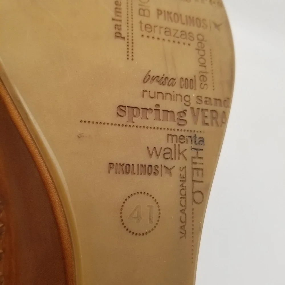 Pikolinos Women Tan Leather‎ T-Strap Wedge Sandals  41 Floral Cutout Peep Toe